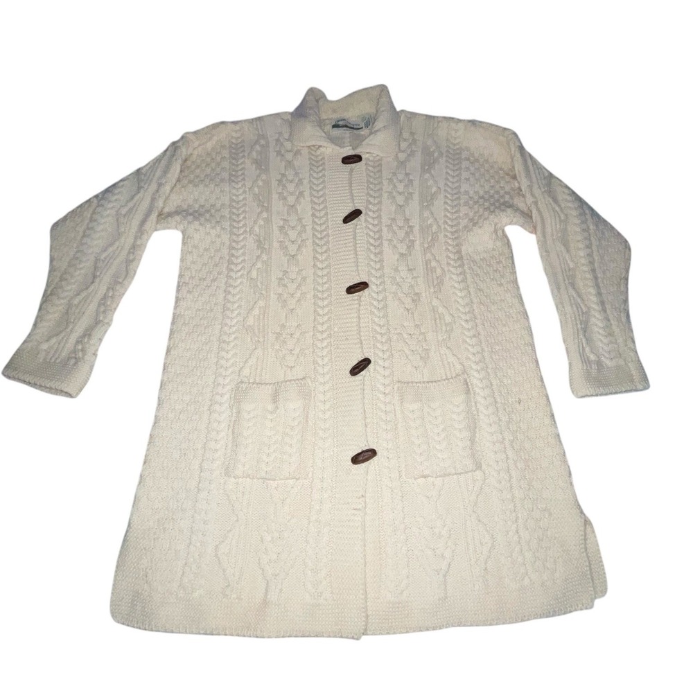 Aran Crafts Womens Wool Duster Long‎ Cardigan Cable Knit Large Fisherman FLAWS!